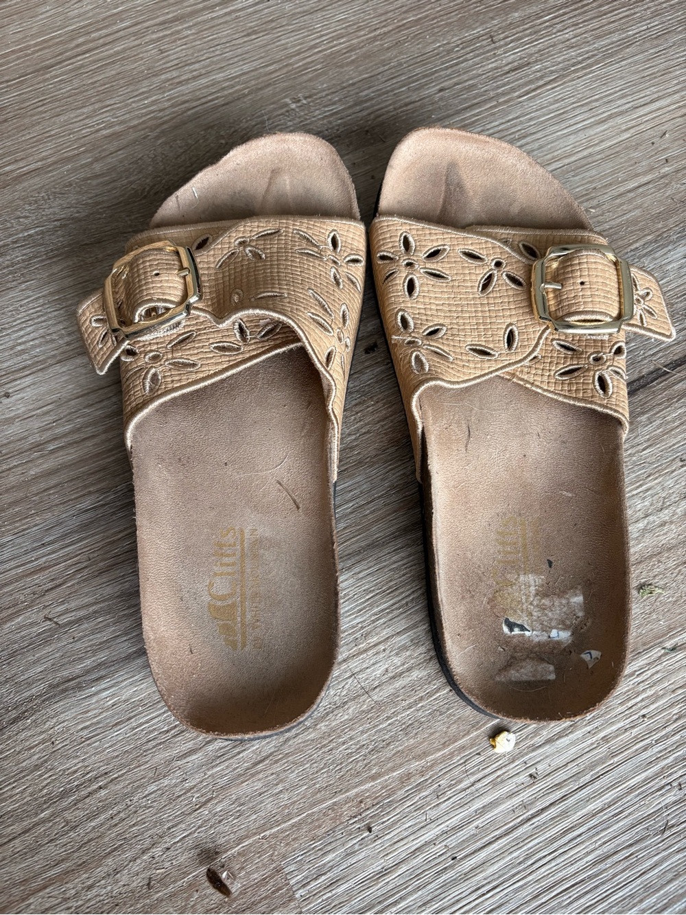 Cliffs by WHITE MOUNTAIN Tan Slide Sandals with Floral Cutouts and Buckle Accent